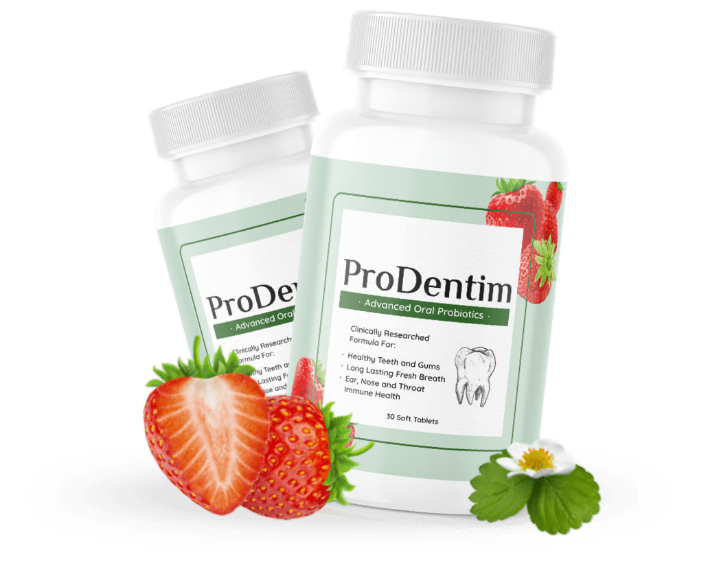 Image of two bottles of ProDentim oral probiotics surrounded by strawberries and a white flower with green leaves