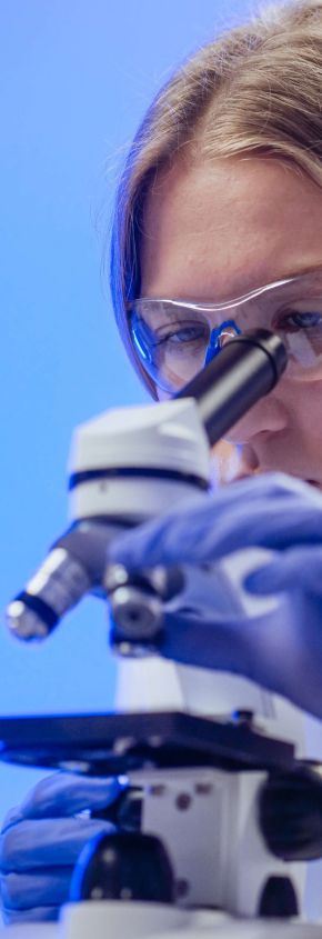 Illustration of a close-up view of a researcher studying a microscope slide