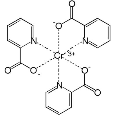 Chromium Illustration of Chromium(III) picolinate dietary supplement chemical compound, depicting hexavalent chromium, captured from an angle against a white background