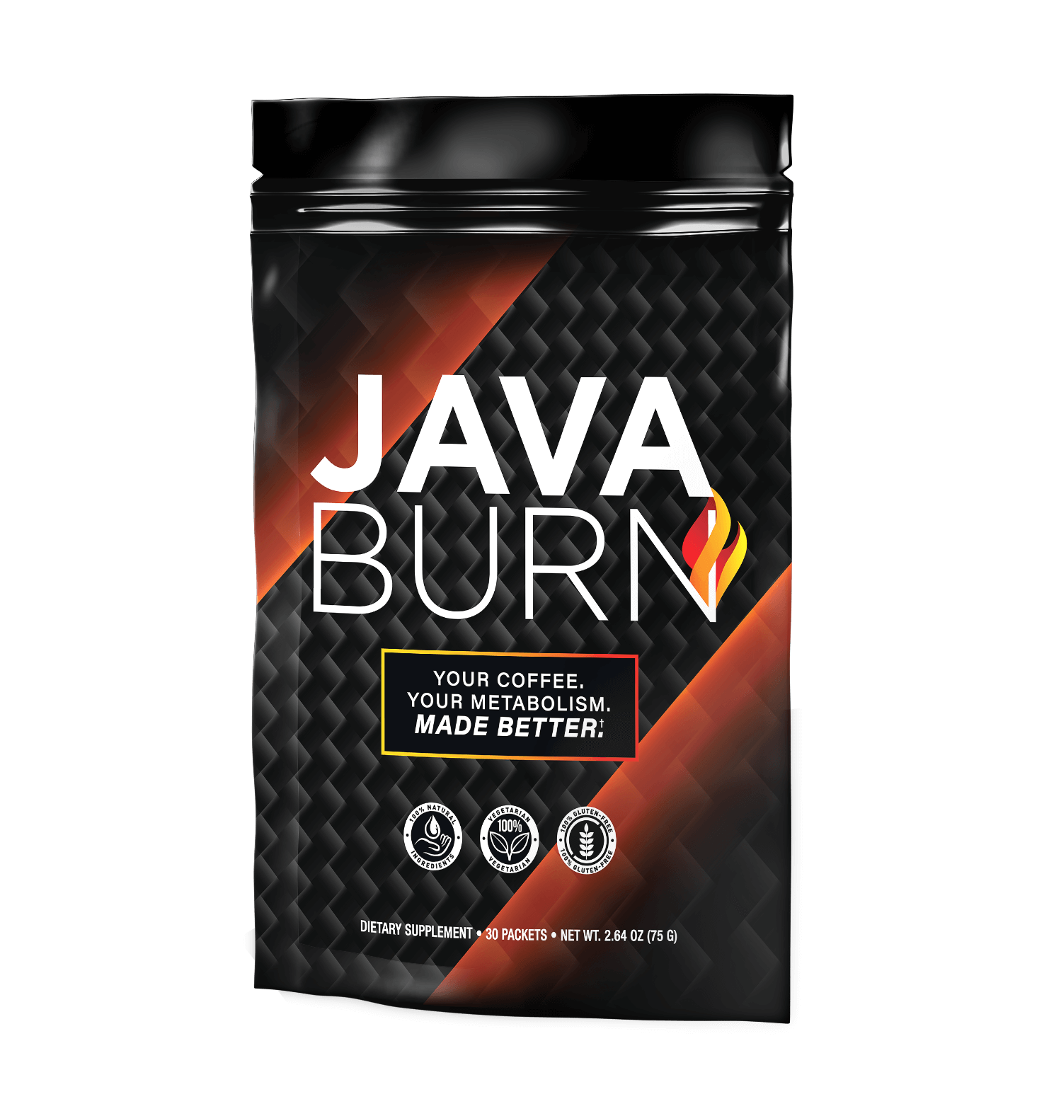 Java Burn Product Image Image showing a single packet of Java Burn, a coffee supplement, featuring its packaging design and branding