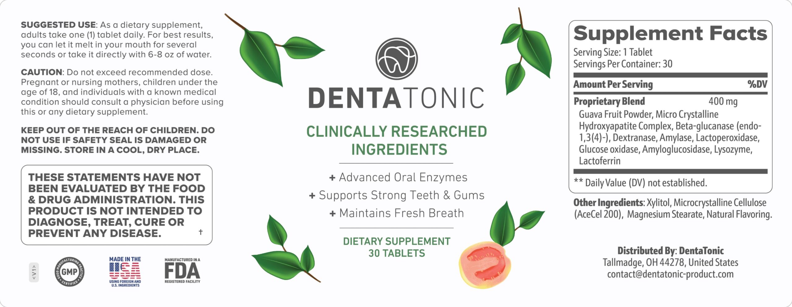 DentaTonic Supplement Label Details Label on a DentaTonic bottle displays the product name in bold letters, includes supplement facts, and provides suggested usage instructions